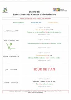 Menu du 29 décembre au 2 janvier 2026